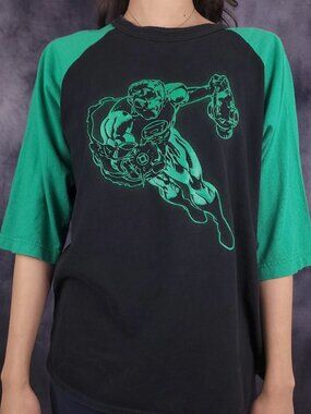 Vintage 80s Green Lantern DC Comics Changes tag 3D puff print baseball shirt